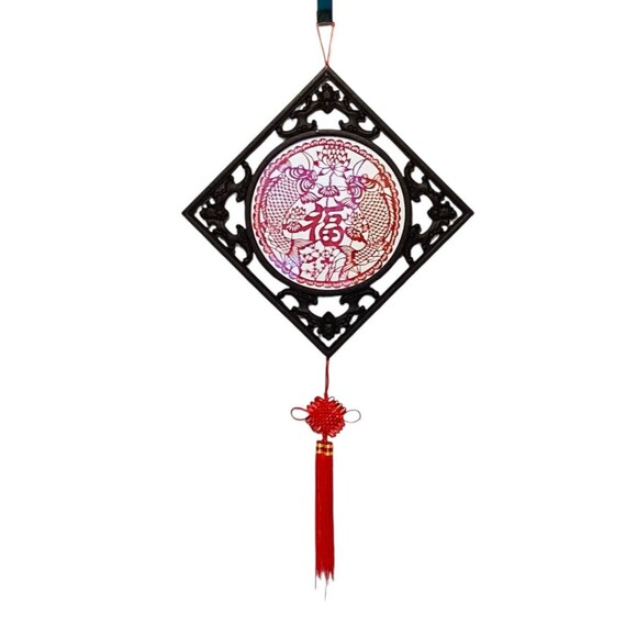 Asian Two Side Porcelain Plate Carved Brown Frame Red Tassel Wall Decor 32in - Picture 1 of 5